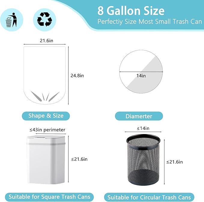 300 Count 7-9 Gallon Trash Bags, 13 Micron Extra Thick 8 Gallon Medium Garbage Bags, Unscented White Wastebasket Trash Can Liners for Bathroom Kitchen Home Office