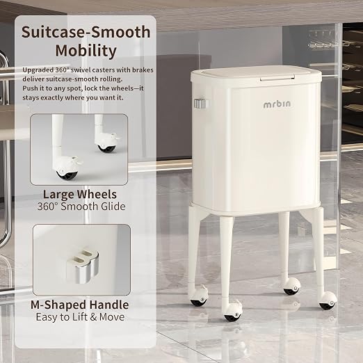 MRBIN Metal Kitchen Trash Can with Wheel Legs, 23L/6.1gal Medium Press on Lid Slim Removable Waste Basket, Pet Proof Garbage Pail for Bedroom, Living Room, Cream White
