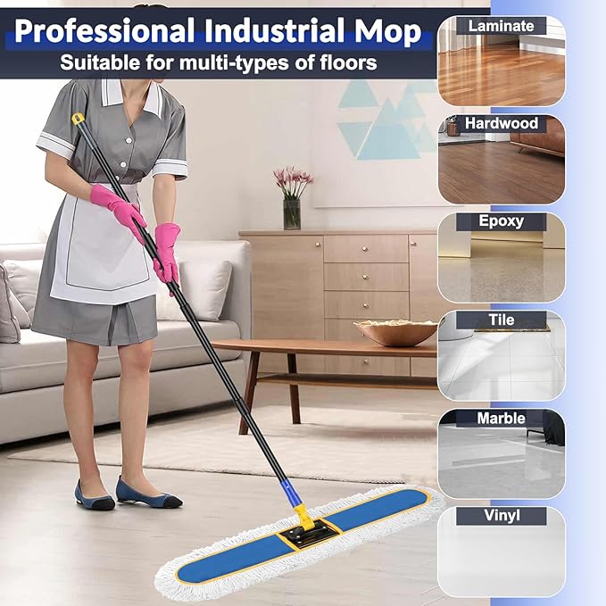 CLDREAM 24" Commercial Dust Mop for Floor Cleaning, Large Industrial Dust Broom Mop with 2 Cotton Reusable Mops Head,Heavy Duty 60" Long Handle Wet Dry Mops for Hardwood