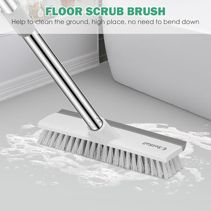 SetSail Floor Scrub Brush and Grout Brush with 51-Inch Long Adjustable Handle 2 in 1 Scrape Brush Stiff Bristle Floor Scrubber for Cleaning Shower Bathroom Garage Kitchen Deck Tub Tile, Grey White