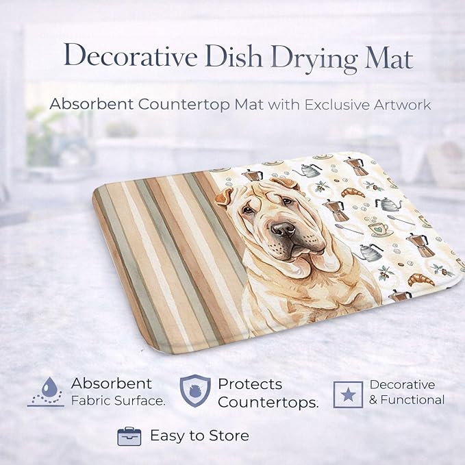 Caroline's Treasures Shar Pei Coffee Bar Dish Drying Mat Absorbent Dish Drying Mat Pad for Kitchen Counter Dish Drainer Mat for Countertop, 14 x 21", Multicolor