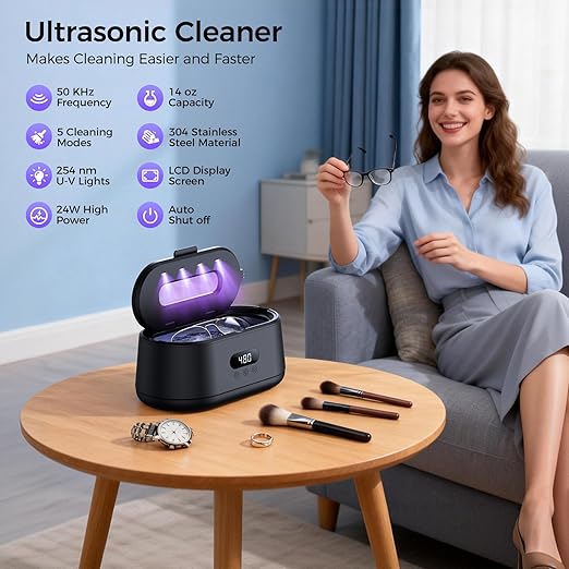Ultrasonic Jewelry Cleaner, 50KHz Ultrasonic Cleaner Machine, Dual Modes & LED Display, 5 Cleaning Modes, 24W Sonic Cleaner for Jewelry, Eyeglasses, Watches, Rings, Watch Strap,Dentures(Black)