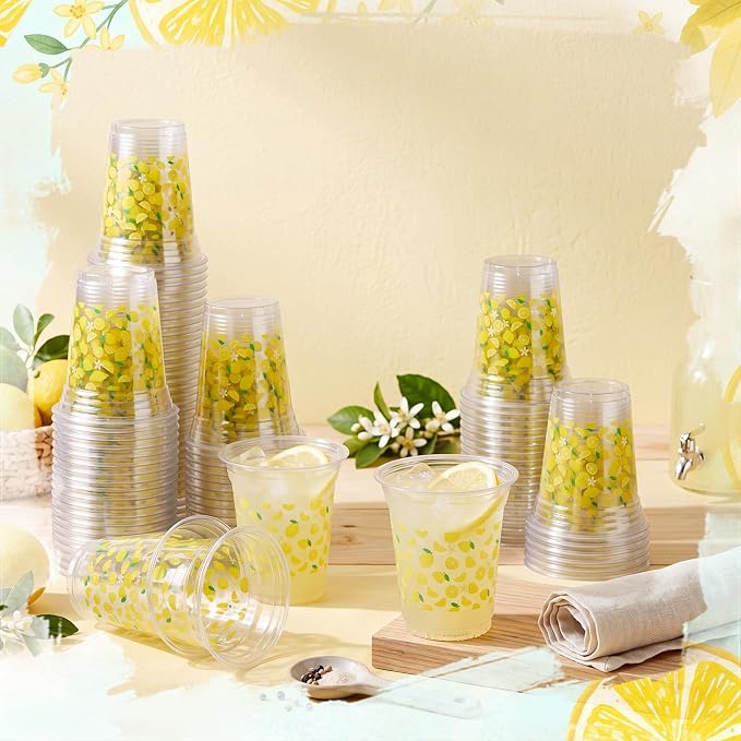 Qinyoung 100 Pcs Plastic Cups 12oz Disposable Cups Bulk Drinking Cup for Cold Drinks Baby Shower Wedding Birthday Valentine's Day Party Supplies (Lemon)