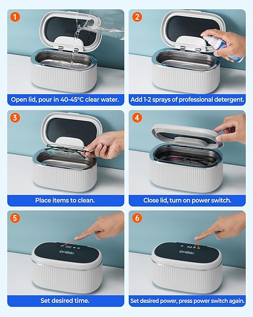 45KHz Ultrasonic Jewelry Cleaner, 5 Timer & 3 Power Modes, 35W Retainer Cleaner for Jewelry, Eyeglasses, Rings, Watch Strap, Dentures - Quiet <38dB, 20oz, 304 Stainless Steel (Ceramic White)