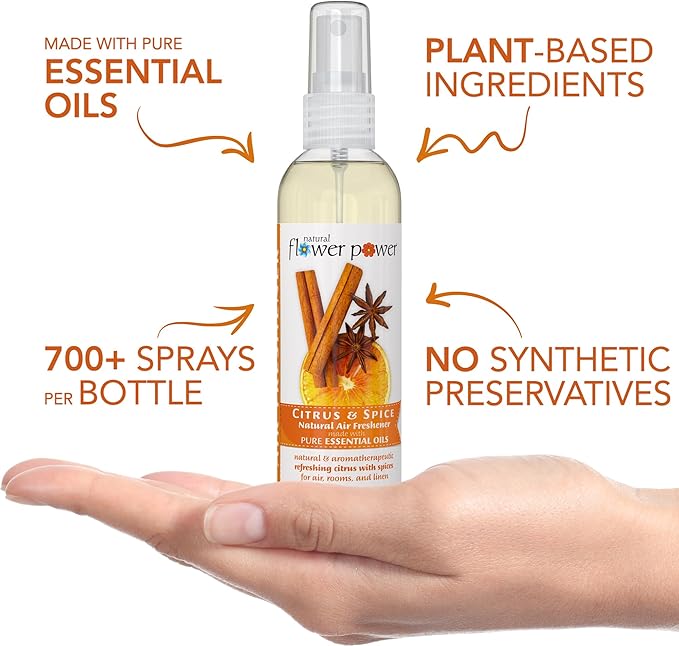 Natural Flower Power Air Freshener Spray - Odor Eliminator w/Essential Oils - Home, Car & Fabric - Cruelty Free & Vegan - 2 - Citrus & Spice - 2 x 4 fl oz