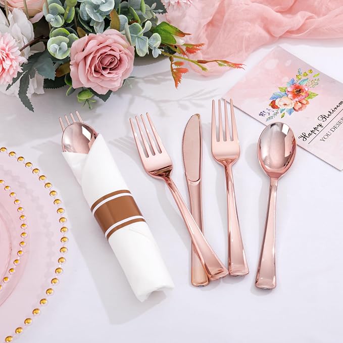 Supernal 100pack Rose Gold Plastic Silverware with Napkins, Prewrapped & Rolled Rose Gold Disposable Utensils, Elegant Pink Gold Cutlery Rolls for Wedding, Baby Shower & Party