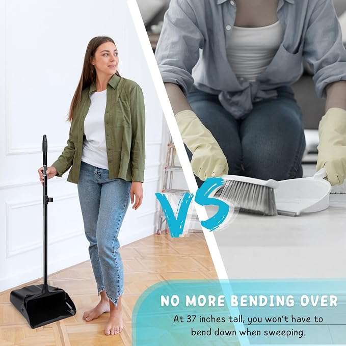 Dustpan with Long Handle, 37’’ Upright Dust Pan, Heavy Duty Standing up Dustpans for Indoor, Outdoor, Home, Office, Commercial, Industrial, Shop