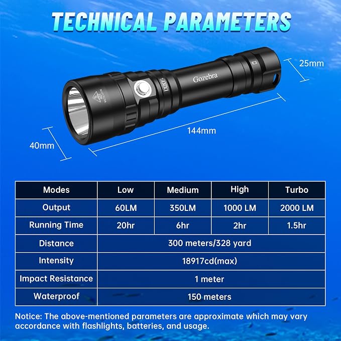 D20S Scuba Diving Light, 2000 Lumens Waterproof Underwater Lights, IPX8 Scuba Diving Flashlight,984ft Long Range Underwater Flashlight for Diving Snorkeling Deep Sea Cave with Charger