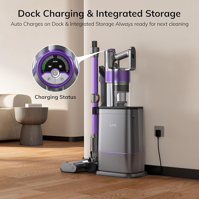 ILIFE Cordless Stick Vacuum Cleaner with Auto-Empty System for Pet Hair | Lightweight | Green LED | 5×2L Dust Bags | 2-in-1 Brush | 3-in-1 Dock | HEPA | Self-Emptying for Home/Hard Floors/Carpets