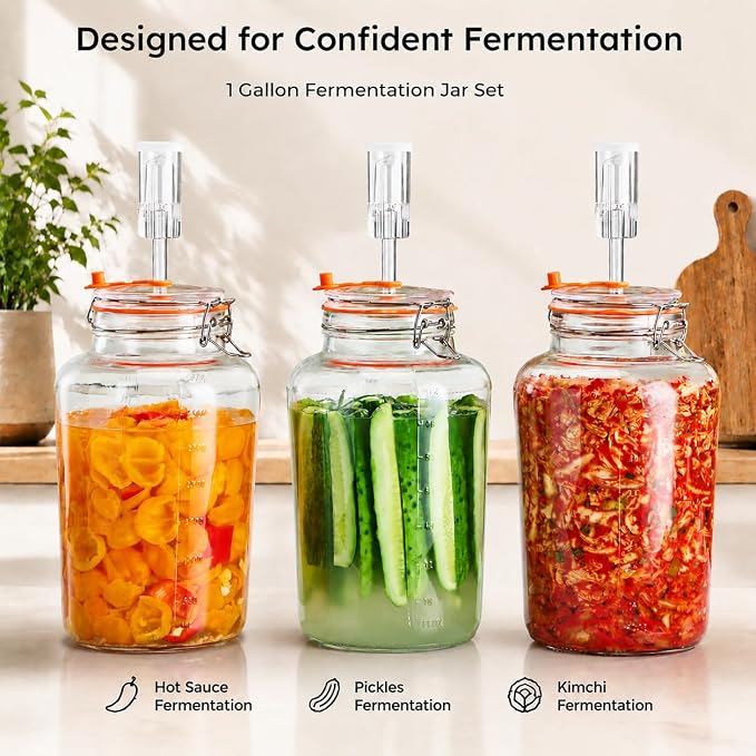 1 Gallon Fermentation Jars with Airlocks & Glass Weights, 2-Pack | Self-Burping Airlocks Vent Gas, Glass Weights Keep Food Below the Brine for Easier, More Consistent Homemade Fermentation