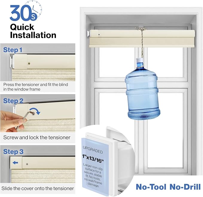 No Drill Cellular Shades, Cream 34" W x 64" H Cordless Light Filtering Pull Down Pleated Honeycomb Blind Thermal Insulated Easy Install for Indoor Window Bedroom Living Room Kitchen
