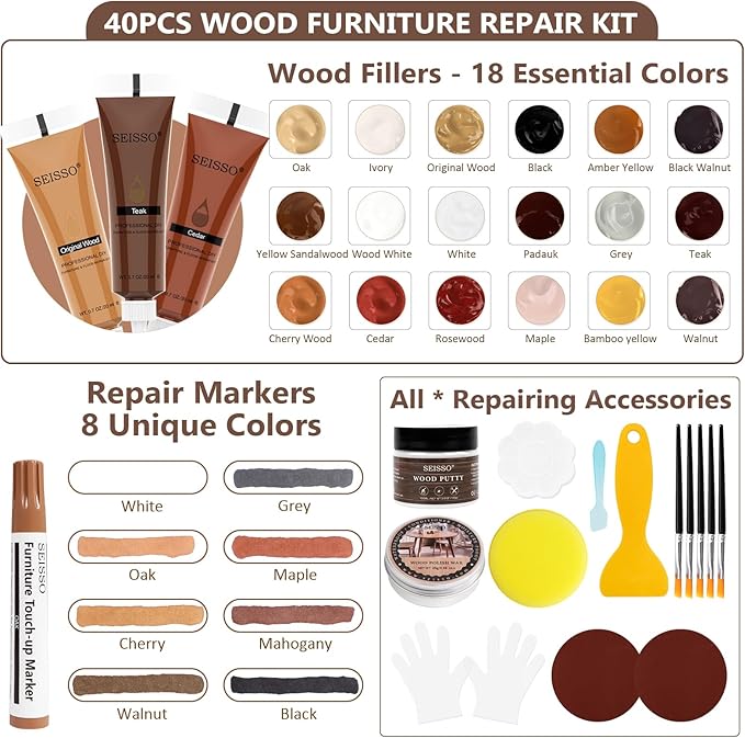 Wood Furniture Repair Kit, 40 Sets-18 Colors Wood Filler Putty and 8 Furniture Touch Up Markers, Vinyl Floor Repair Kit for Scratches Holes, Hardwood Floor Door, Cabinet Table, Bedposts