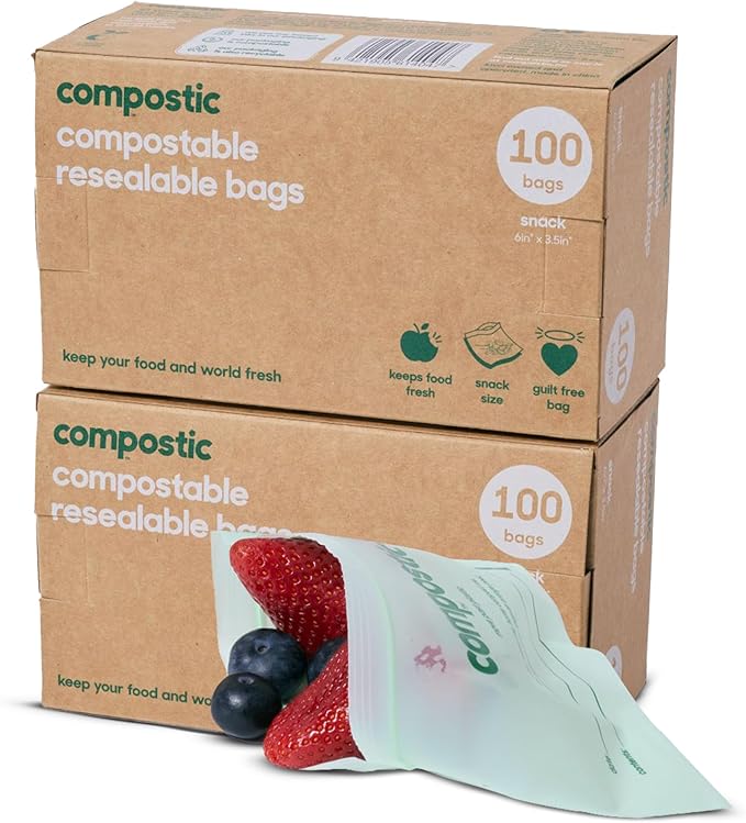 Compostic Compostable Snack Bags, Snack Size (200 Count) Bulk Pack — Resealable Zip-Seal, Plant-Based, Home Compostable, Freezer Safe, BPA-Free, Non-Toxic, GMO-Free Food Storage Bags