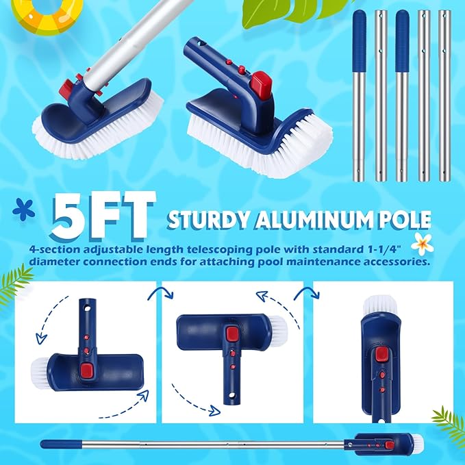 FillTouch Swimming Pool Cleaning Kit Including 3 Pool Skimmer Net 3 Brush and Aluminum Adjustable Pole for Cleaning Walls Ideal Clean Kit for Above Ground