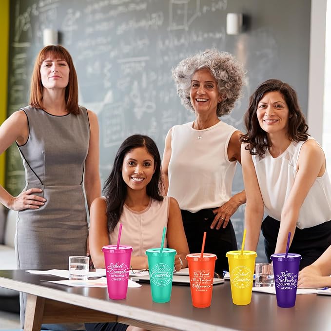 Meanplan 24 Pcs School Counselor Gifts Bulk 24 oz Plastic Tumbler with Lids and Straws Thank You Cups Travel Mugs Inspirational School Teacher Appreciation Week Gifts for Women Men