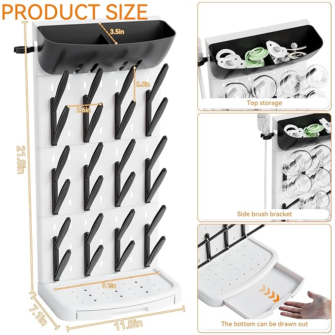 SuoXing Vertical Baby Bottle Drying Rack with Brush- Hold 24 Bottles - Large Breast Pump,Bottle Dryer Rack for Kitchen Countertop,Space Saving Bottle Stand Holder for Pacifiers,Pump Accessories,Black