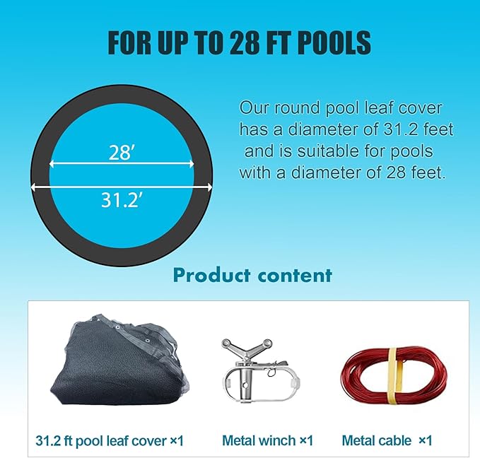 Leaf Cover for Above Ground Pool 31 Ft, Durable Black Mesh Swimming Pool Leaf Net Cover with Winch and Cable for Leaves and Debris for 27Ft 28 Ft Round Pools (28 Ft)