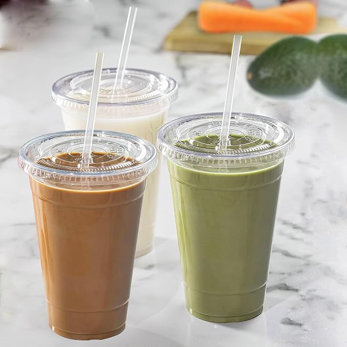 TashiBox 100 sets 24 oz plastic cups with flat lids and straws, smoothie cups with lids and straws, meal prep plastic large cups