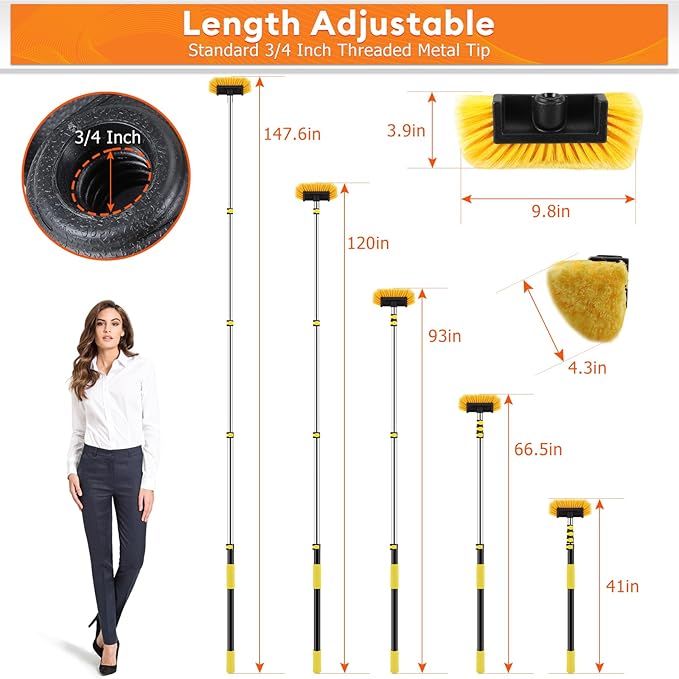 Car Wash Brush,12FT Car Wash Brush with Long Handle, Car Cleaning Brush 10-Inch Soft Bristles, 3-12Foot Telescopic Pole for Scratch-Free Cleaning Truck,RV, Boats,House Siding,Floors,Solar Panels