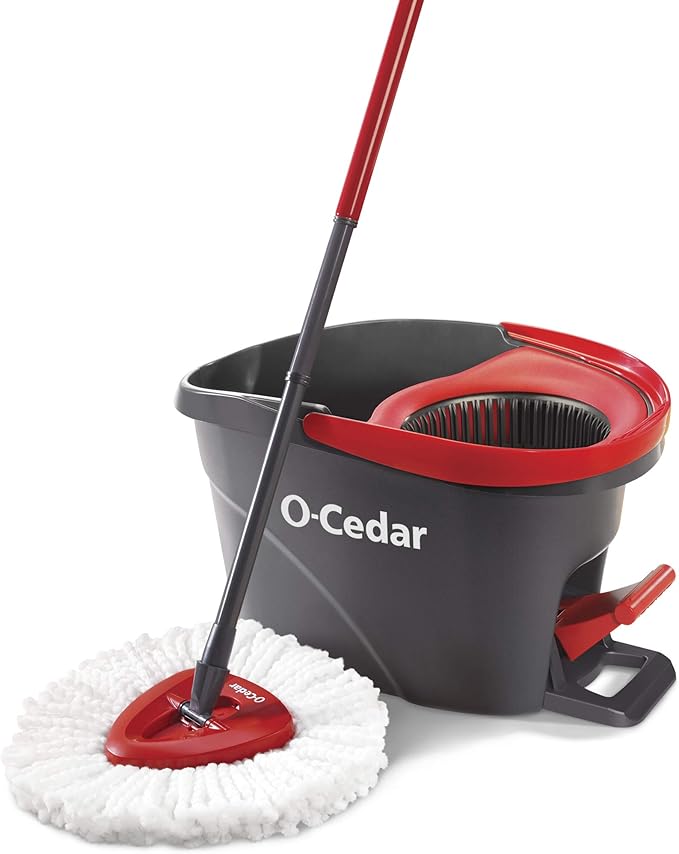 O-Cedar EasyWring Deep Clean Refill (4-Pack) | 40% More Cleaning Power | Microfiber Mop Refill + O-Cedar EasyWring Microfiber Spin Mop, Bucket Floor Cleaning System, Red, Gray