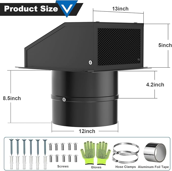 12 Inch Wall Vent with Screen and Damper, Hooded Wall Vent Cover, Galvanized Steel Vent Covers for Wall Black Metal Exhaust Vent Duct Hood Cap for Outside Kitchen Outdoor Bathroom Exterior Basement