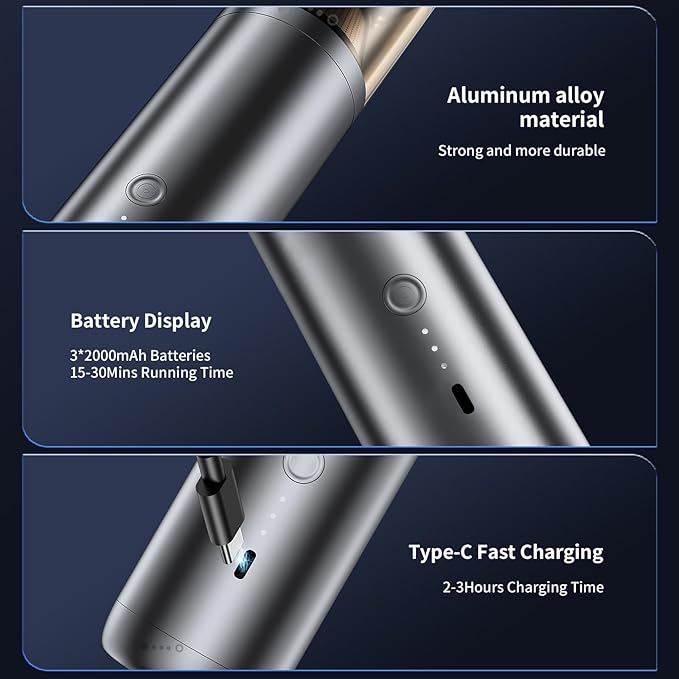 Handheld Vacuum Cordless, Car Vacuum Portable with Brushless Motor & 16000Pa Strong Suction, 4 in 1 Mini Vacuum Cleaner Rechargeable, Metal Hand Held Vacuum for Car Home Office and Pet, Grey