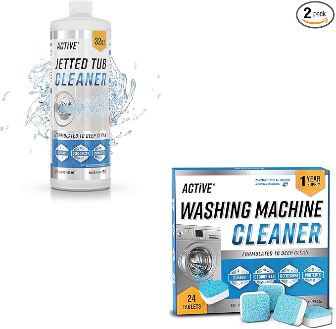 ACTIVE Jetted Tub and Washing Machine Cleaner Bundle - Includes 32oz Jetted Tub Cleaning Solution and 12 Month Supply of Washer Cleaning Tablets