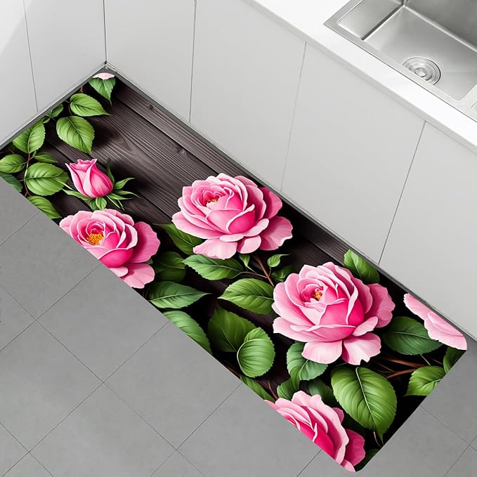 WODEJIA Non Slip Bath Rugs Sponge Foam for Bathroom,Flannel Mat Rug for Living Room, Absorbent MatS for Forlaundry Room and Kitchen,Wooden Board Flower Pattern Welcome Mat 47x18 Inches