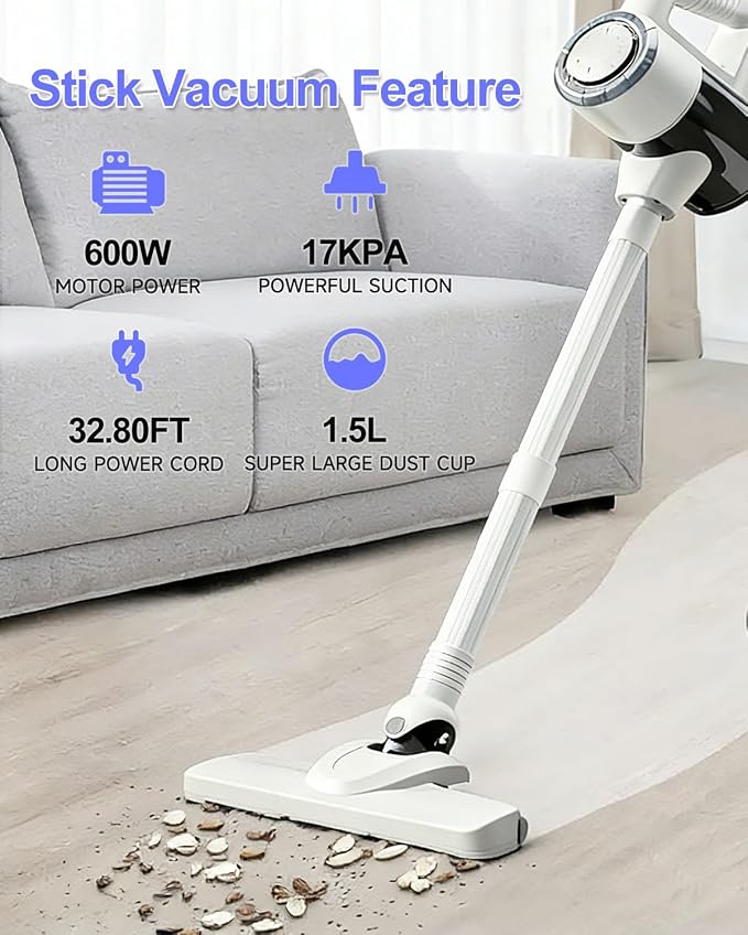 Corded Stick Vacuum Cleaner with 33 Feet Long Power Cable, 600W 17Kpa Handheld Vacuum Cleaner for Home, 1.5L Dust Cup, Removable Tube, HEPA Filter, for Hard Floor, Tiles