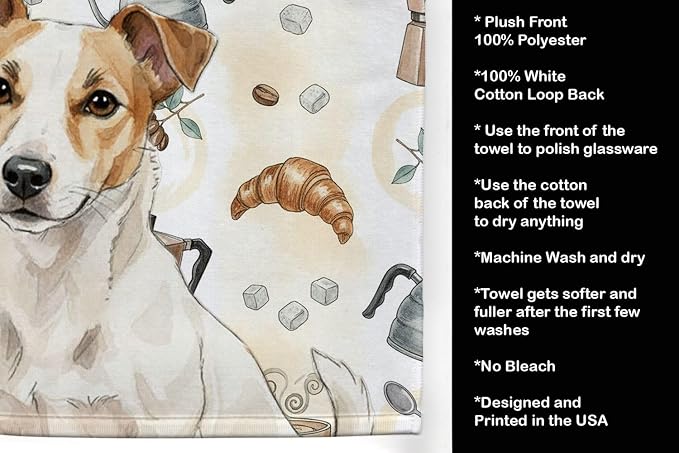 Caroline's Treasures White and Tan Jack Russell Terrier Coffee Bar Kitchen Towel Velour Plush Front and Cotton Loop Back Machine Washable