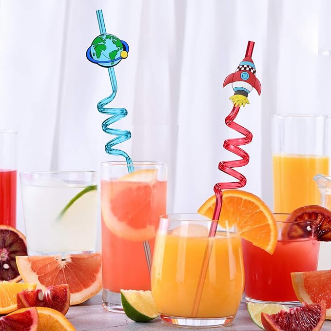 Outer Space Straws Party Favors for Theme Birthday Party Supplies with 2 Cleaning Brush | Solar System Rocket Spaceship Astronaut Satellite Planet Attachments (24+2)