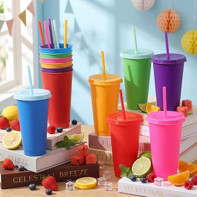 Honeydak 30 Pack Tumbler with Straw and Lid Bulk Cups for Gifts Water Bottle Iced Coffee Travel Mug Cup Reusable Plastic Tumblers for Party Birthdays 24-27 oz (Electric Color)