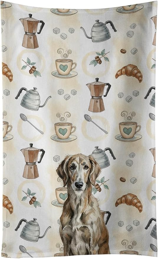 Caroline's Treasures Brindle Scottish Deerhound Coffee Bar Kitchen Towel Velour Plush Front and Cotton Loop Back Machine Washable