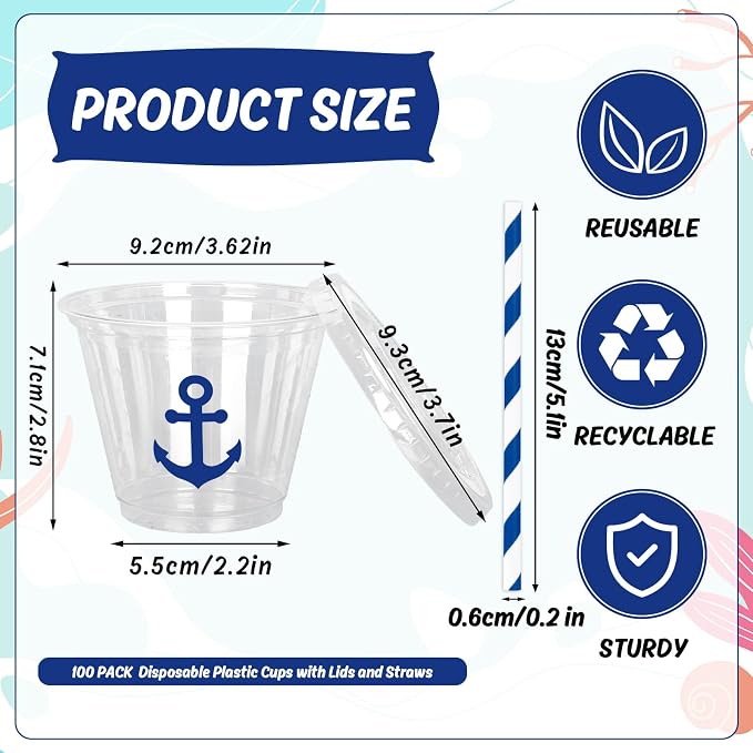 Whaline 100Pcs 9Oz Nautical Disposable Plastic Cups with Lids and Straws Blue Anchor Cold Beverage Drinking Cups for Iced Coffee Smooth Juice Tea Milkshake