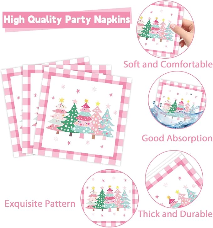 CHUNNIN 96Pcs Pink Christmas Trees Paper Plates and Napkins Xmas Watercolor Party Decorations Pink Xmas Trees Disposable Tableware Set for Kids Girls Winter Holiday Birthday Home Party Supplies