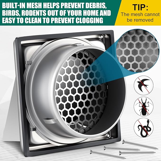6 Inch Exterior Wall Vent Cover, 304 Stainless Steel Vent Hood with Non Return Flap, Bird Guard Mesh & Sealing Gasket, Outdoor Wall Dryer Exhaust Cover with Extension Tube