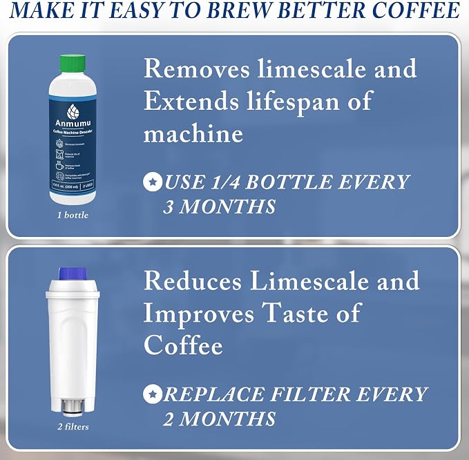 Delonghi* Compatible Cleaning&Descaling Kit - 1 Bottle 200ML Descaling Solution with 2 Pack Coffee Filter Replacements DLSC002,Fits ECAM,Esam,ETAM Coffee Machines