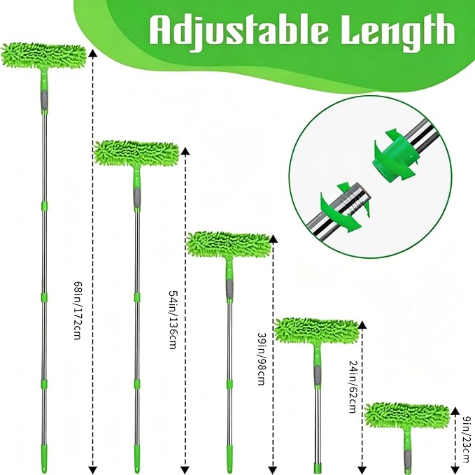 68'' Window Squeegee Cleaner Kit - 2-in-1 Rotatable Window Cleaning Tool with Extension Pole, Professional Streak-Free Squeegee with Bendable Head for Indoor/Outdoor Windows Car Glass (Green, 38.45FT)