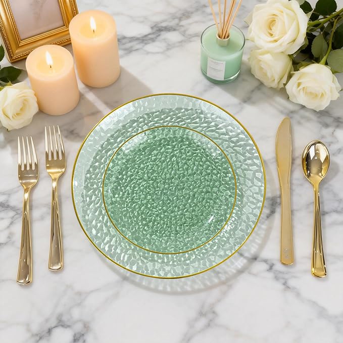 DaYammi 240Pcs Green Plastic Plates Including 120Pcs Dessert Plates and 120Pcs Gold Forks,Hammered Party Plate,Green Gold Appetizer plates Heavy duty Disposable Plastic Plate for Party Birthday Dinner