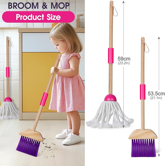 Masthome Wooden Kids Cleaning Set, 8 Pcs Toddler Housekeeping Pretend Play Toys, Broom Mop Dustpan Duster Cleaning Tools with Storage Stand, Educational Life Skill Play Kit for Boys GirlsAges 3+