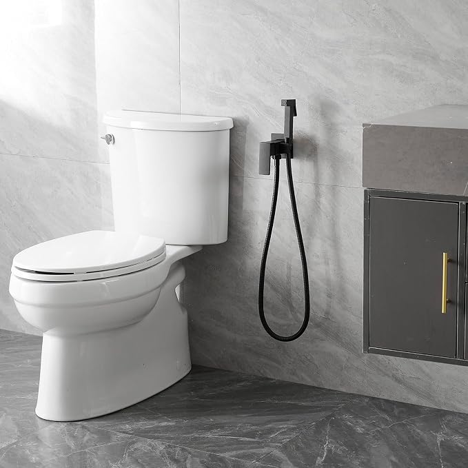Warm Water Bidet Sprayer Faucet for Toilet with Hot and Cold Brass Valve, Stainless Steel Square Handheld Bidet Attachment Set, Wall Mounted, Matte Black