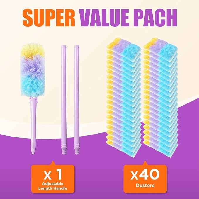 40Pcs Heavy Duty Duster Refills &1Handle, 360 Disposable Duster | 360° Feather DusterMultisurface Dusters with 4X Microfibers,Static Dust Removal Brush Compatible for Cleaning Furniture
