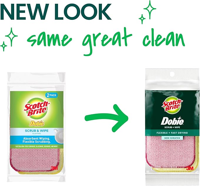 Scotch-Brite Dobie Scrub & Wipe Cloths,Sponge Cloths for Cleaning Kitchen,Bathroom,and Household,Dobie Scrub and Wipe Cloth Absorbs-and Doesn't Scratch,2 Cleaning-Cloths,(Pack of 12)