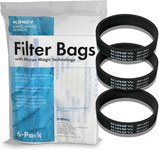 Kirby Allergen Reduction HEPA Filter Bags 6-Pack (204811) + OEM Belt 3-Pack (301291G) – Compatible with F-Style & Twist-Style Upright Vacuums