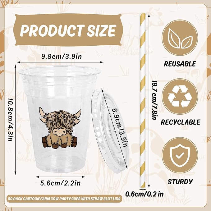 Whaline 50 Pcs Highland Cow Disposable Plastic Cups with Lids and Straws 12 oz Cute Farm Cow Party Cup Cold Beverage Drinking Cups for Birthday Baby Shower Wedding