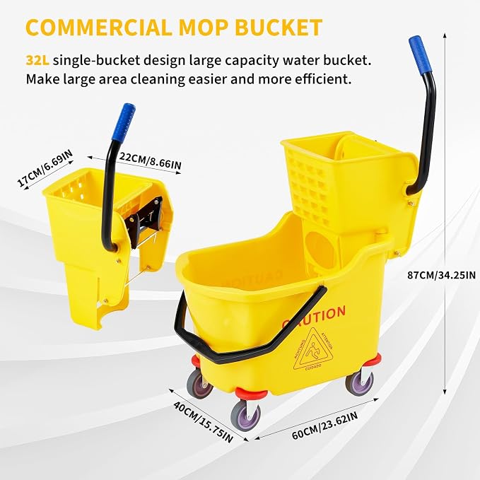 Commercial Mop Bucket with Wheels and Side Press Wringer, 35 Quart Large Capacity Floor Cleaning System for Janitorial, Kitchen, Restaurant, Office & Industrial Use, Yellow
