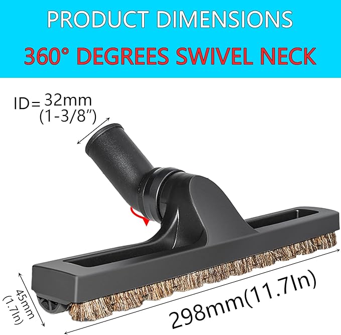 1 1/4 inch Hardwood Floor Brush and 32mm Round Horse Hair Dust Brush with 1.25'' Vac Port, Soft Horse Hair Brush, 360°Swivel Head Fit Most Vacuum Cleaner Brand Hoover, Eureka, Royal,Dirt Devil,Rainbow