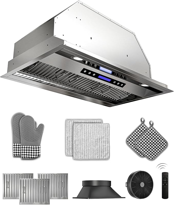 36 inch Stainless Steel Insert Range Hood - 900 CFM, Ultra-Quiet 4-Speed Vent, Touch/Remote Control, LED Lights, Ducted/Ductless Convertible