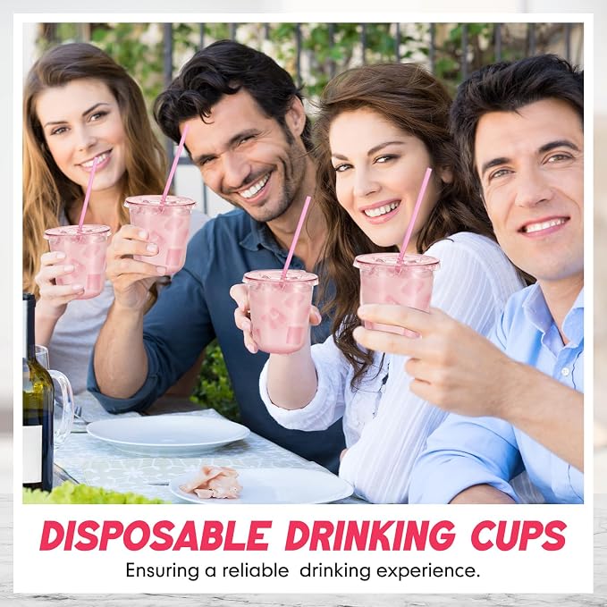Ziliny 50 Sets Clear Round Bottom Plastic Cups with Lids and Straws, Cute Disposable Drinking Coffee Cups, for Christmas Valentine's Galentine's Day Party Wedding Birthday Supplies (12oz,Pink)