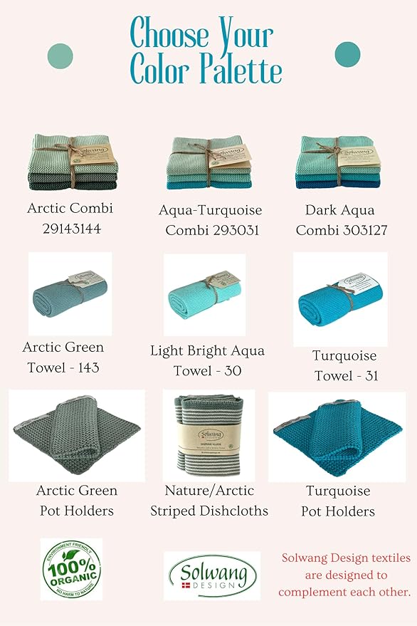 Solwang 3-Piece Danish Cotton Dishcloths in 100% Certified Organic Cotton Made in India (Arctic Green Organic Combi)